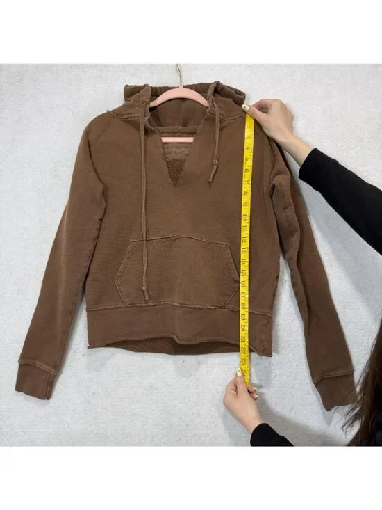 Nili Lotan Hoodie Womens XS Brown Terry V Neck Pullover Kangaroo Pocket Raw Hem